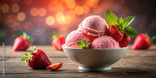 Strawberry ice-cream dessert with a blurred background, strawberry, ice-cream, dessert, cold, fresh, dish, bokeh, blurred photo