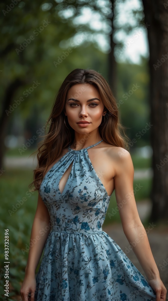 Woman in floral blue dress outdoors Woman in floral blue dress outdoors