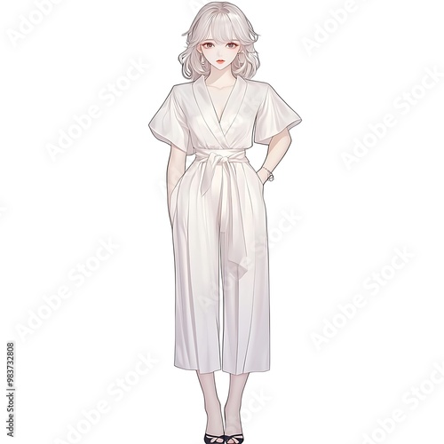 Elegant Anime Girl in White Jumpsuit.