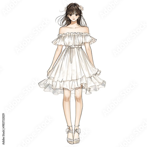 Anime Illustration of a Young Woman in a White Dress.