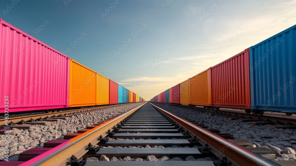 Fototapeta premium Colorful cargo containers stacked on railway tracks, symbolizing global trade, transportation, logistics, industry, and growth.