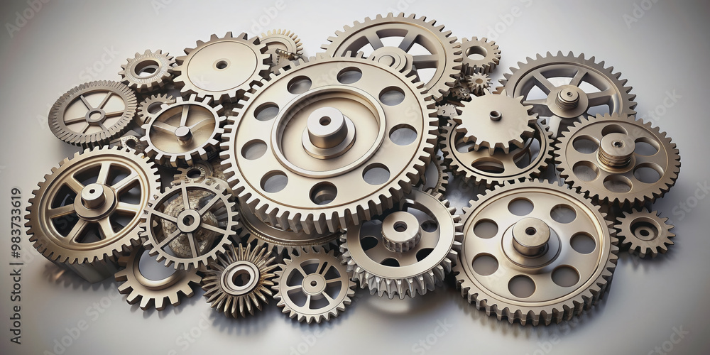 Intricate 3d illustration of interlocking gears in a complex mechanism over a clean white background with subtle vignette effect, conveying innovation and precision. Intricate 3d illustration of interlocking gears in a complex mechanism over a clean white background with subtle vignette effect, conveying innovation and precision.
