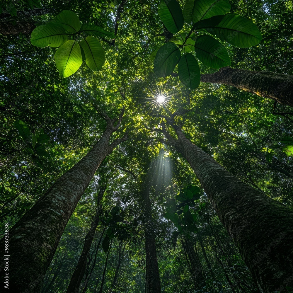 Fototapeta premium Sunbeams Through Rainforest Canopy