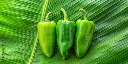 Three fresh green goat peppers arranged on a vibrant banana leaf, green, goat peppers, vegetables, fresh, organic photo