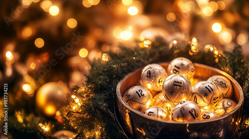 Christmas lottery balls in a festive setting with warm golden lights