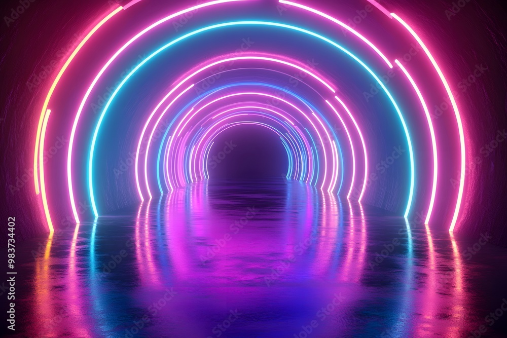 Obraz premium Abstract neon light background with glowing round arches and lines, blue, pink, and purple gradient.