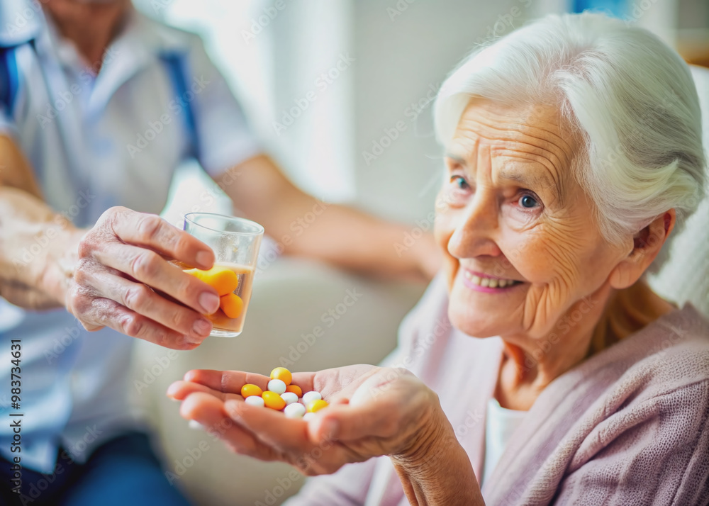 A gentle hand places medication into an elderly woman's palm, symbolizing gratitude and access to affordable and convenient healthcare services at a free clinic. A gentle hand places medication into an elderly woman's palm, symbolizing gratitude and access to affordable and convenient healthcare services at a free clinic.