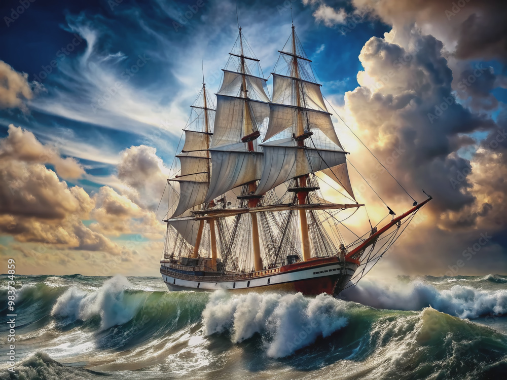 Obraz premium Majestic tall ship with billowing sails navigates through rough, turbulent waters, its sturdy hull and towering masts standing strong against the powerful ocean forces.