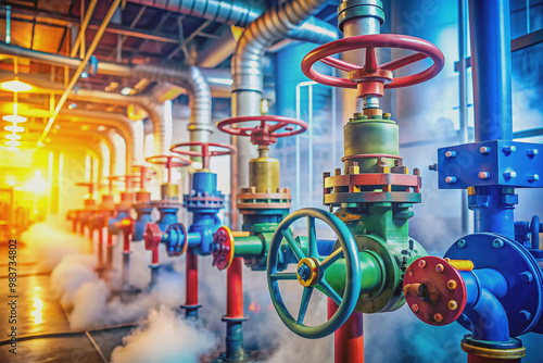 Colorful industrial pipes and valves amidst a blurred factory background, emitting a faint mist, conveying a sense of odorless gas control and safety measures. photo