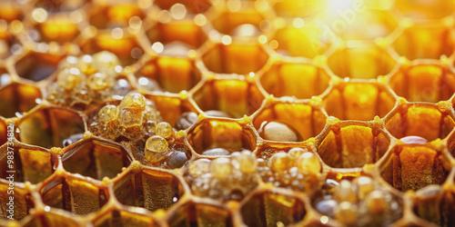 Vibrant hexagonal cells of golden honeycomb structure glisten with dew, showcasing intricate natural geometry in a warm, sunny beehive interior with soft, blurred background.