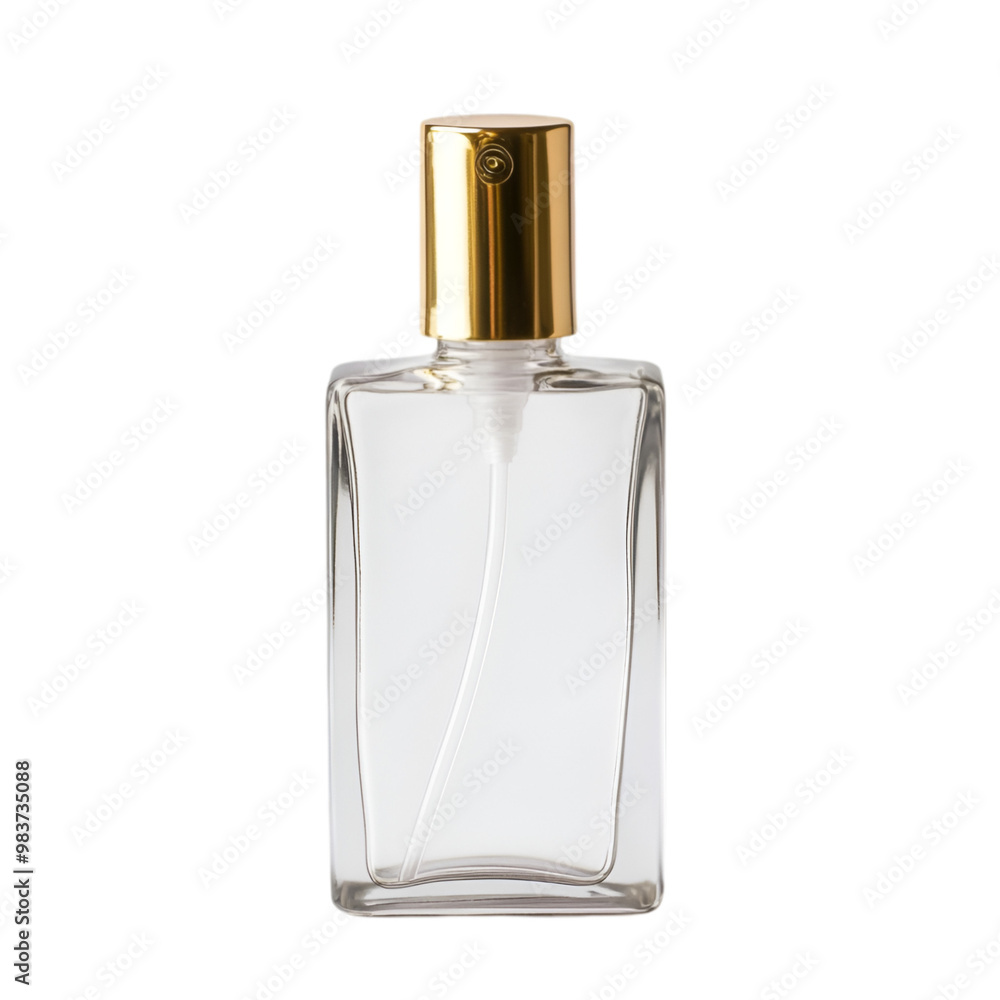 A bottle of perfume with a gold top on white and transparent background. PNG cutout. A bottle of perfume with a gold top on white and transparent background. PNG cutout.