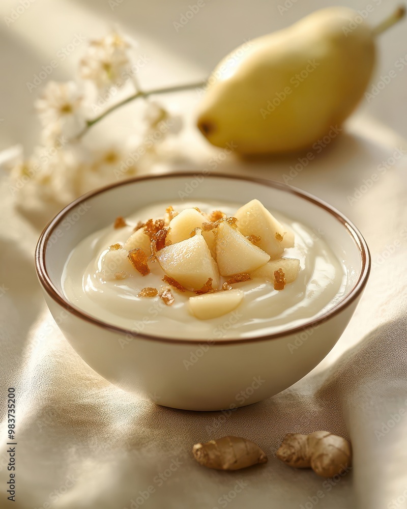 A bowl of yogurt topped with diced pears and nuts, accompanied by a pear and flowers. A bowl of yogurt topped with diced pears and nuts, accompanied by a pear and flowers.