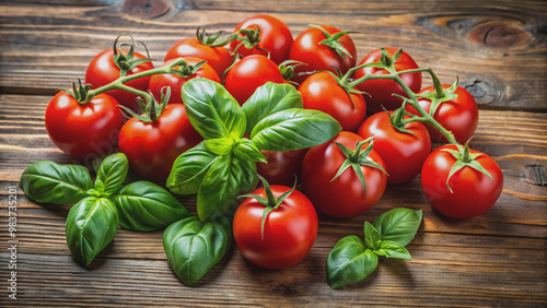 Freshly picked bunch of ripe red tomatoes surrounded by fragrant green basil leaves, perfectly arranged on a rustic wooden table, evoking summer freshness.