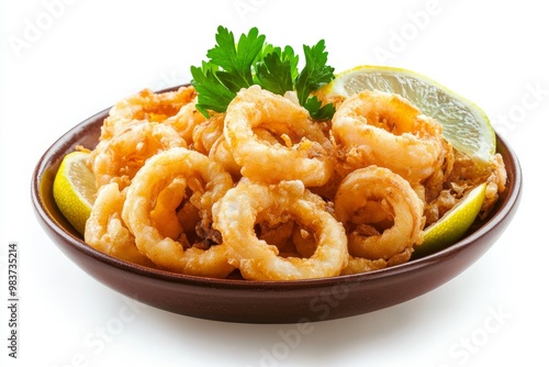 Delicious crispy fried calamari rings served with a squeeze of lemon and fresh parsley, perfect for a light and flavorful appetizer or main course. photo