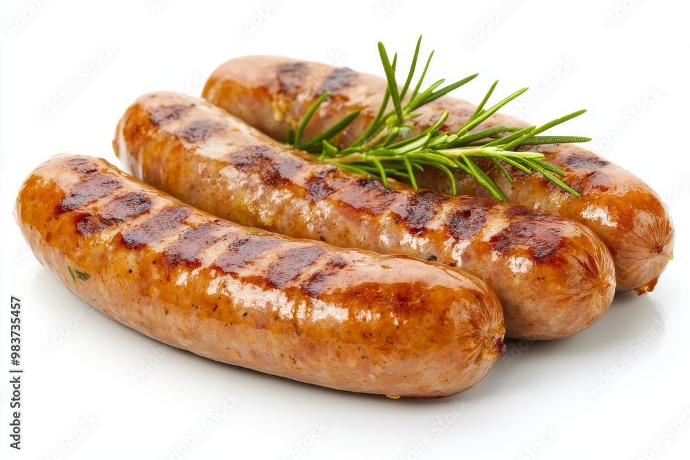 Delicious grilled bratwurst sausages with rosemary sprigs, perfect for a hearty meal or barbecue. Delicious grilled bratwurst sausages with rosemary sprigs, perfect for a hearty meal or barbecue.