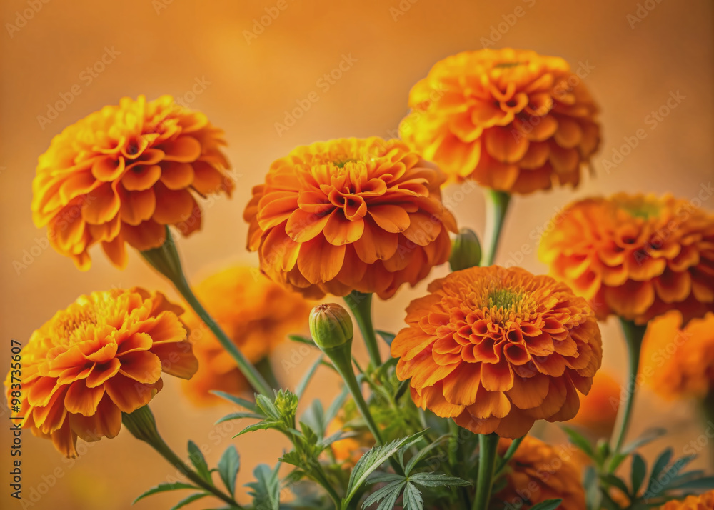 Vibrant orange marigold flowers bloom against a soft, pastel orange background, their bright petals and delicate centers radiating warmth and joy in a still life arrangement. Vibrant orange marigold flowers bloom against a soft, pastel orange background, their bright petals and delicate centers radiating warmth and joy in a still life arrangement.