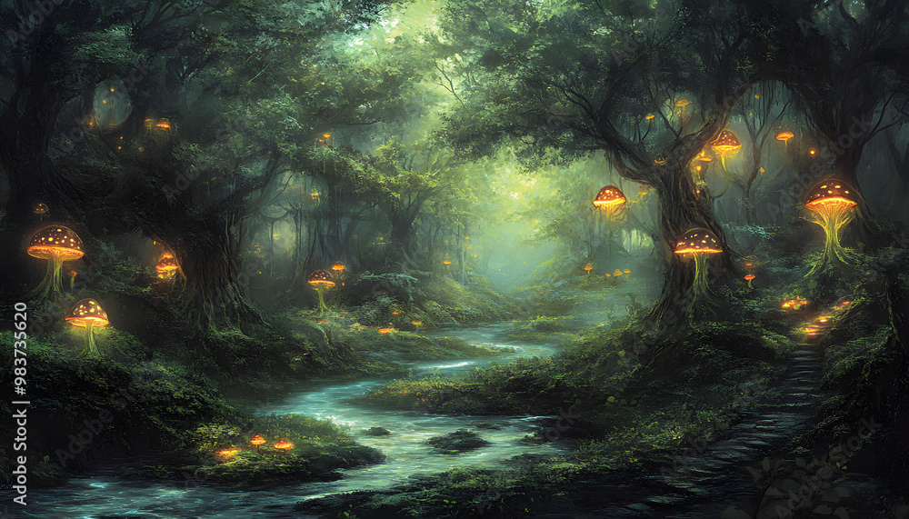 A mystical forest with glowing mushrooms, winding rivers, and floating islands, creating a magical and otherworldly feel A mystical forest with glowing mushrooms, winding rivers, and floating islands, creating a magical and otherworldly feel
