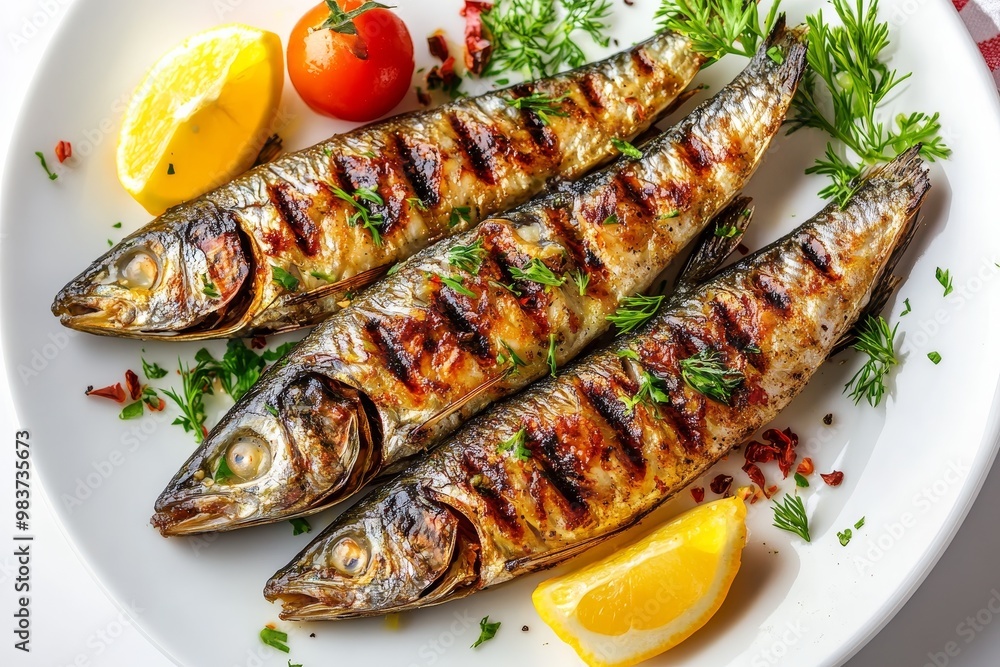 Delicious grilled sardines with lemon wedges and fresh herbs, perfect for a light and healthy meal. Delicious grilled sardines with lemon wedges and fresh herbs, perfect for a light and healthy meal.