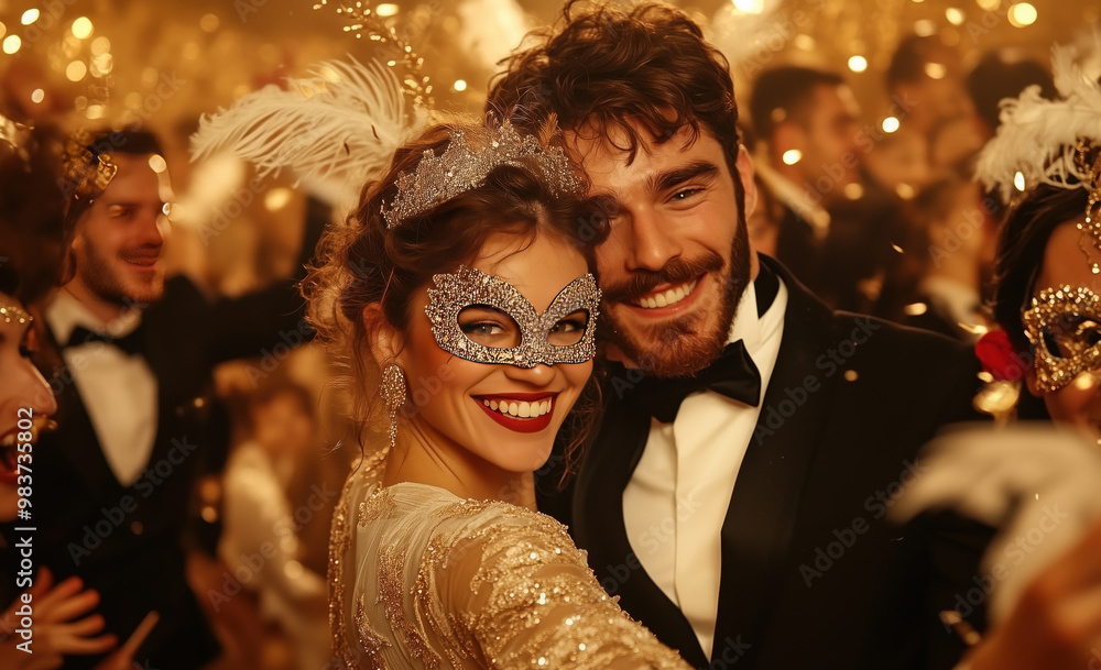 custom made wallpaper toronto digitalgirl wearing elegant masquerade mask with feathers in black gold. women, men having fun night at halloween masquerade ball party. men in black tuxedo suits with black and golden masquerade masks. 