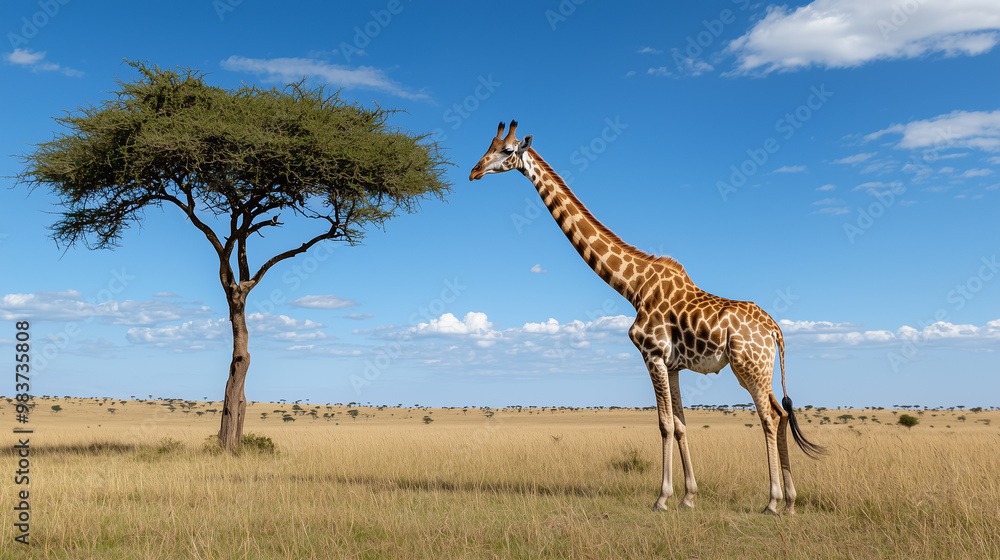 Obraz premium Giraffe Grazing on Tall Trees in a Safari Landscape