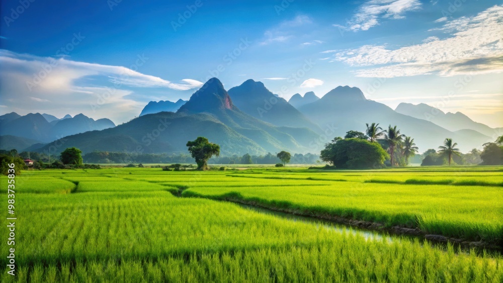 Fototapeta premium Beautiful rice field landscape with mountains in the background, scenic, countryside, rural, agriculture, serene