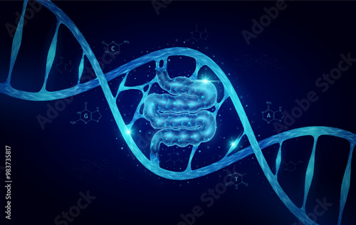 Small intestine DNA gene cell double helix blue. Genetic synthetic biology combined. Anatomy organ glowing polygonal. Code analysis thymine, adenine, guanine, cytosine. Medical science vector.