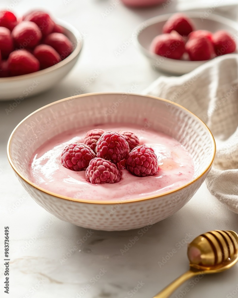 A bowl of yogurt topped with fresh raspberries, set on a marble surface. A bowl of yogurt topped with fresh raspberries, set on a marble surface.