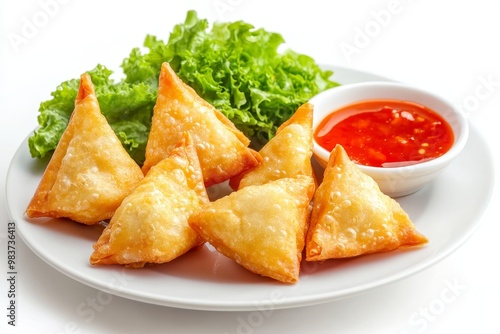 Deliciously fried crab rangoon, a popular Chinese appetizer, served with a sweet chili sauce. Perfect for sharing or a light snack.