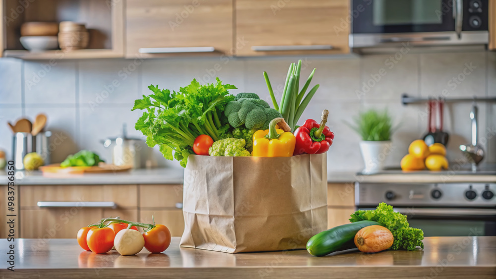 Fresh vegetables overflow from a brown paper bag on a modern kitchen counter, surrounded by sleek appliances and natural light, promoting eco-friendly and healthy habits. Fresh vegetables overflow from a brown paper bag on a modern kitchen counter, surrounded by sleek appliances and natural light, promoting eco-friendly and healthy habits.
