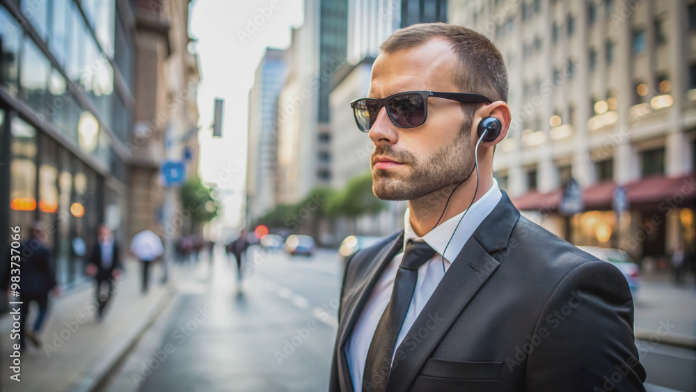 Man bodyguard with security earpiece in streets of city, security concept banner. Generative AI. Man bodyguard with security earpiece in streets of city, security concept banner. Generative AI.