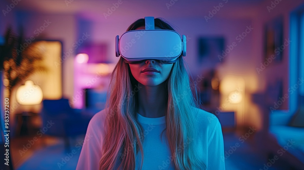 Woman wearing a VR headset in a brightly lit room Woman wearing a VR headset in a brightly lit room