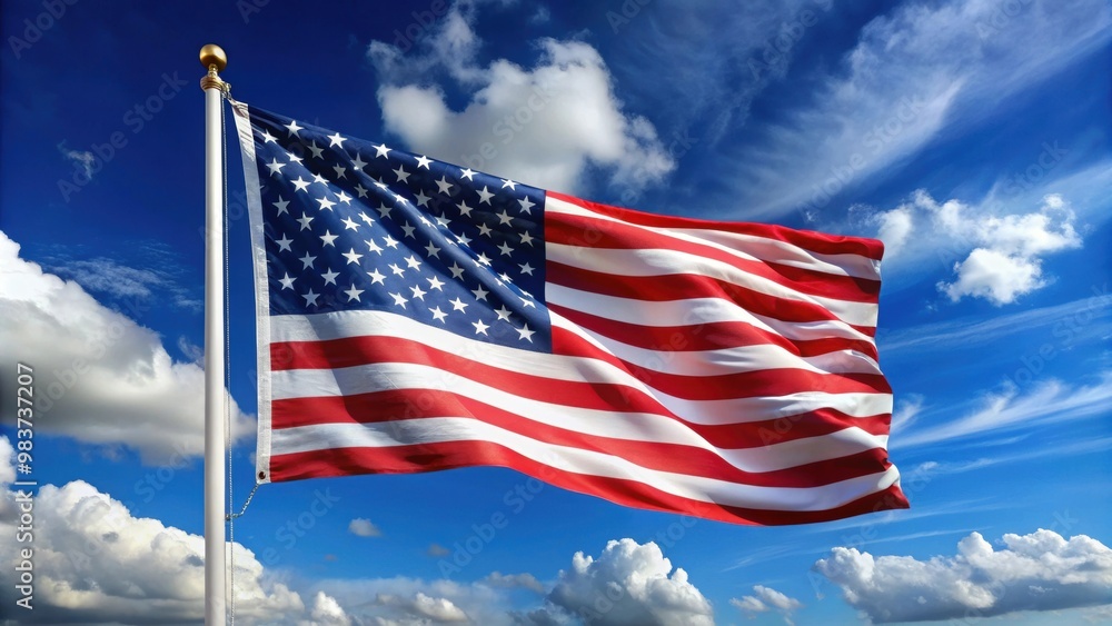 American flag waving against a blue sky background, USA, United States, American, flag American flag waving against a blue sky background, USA, United States, American, flag