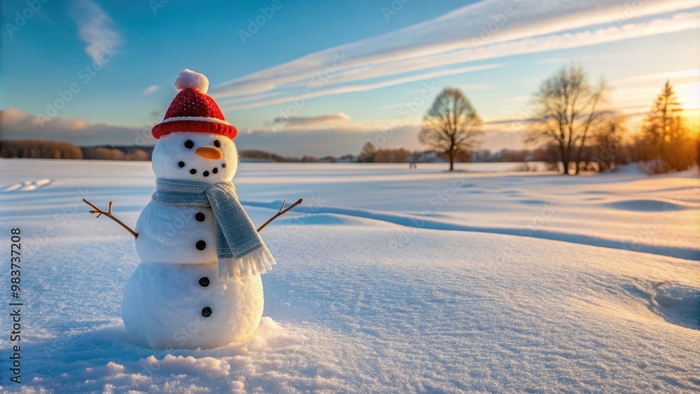 Obraz premium Snowman standing in a field of freshly fallen snow, winter, holiday, Christmas, frosty, cheerful, seasonal, decoration, white