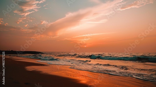 A beautiful beach under the natural sunset sky. The sand on the beach is golden, stretching out towards the ocean photo