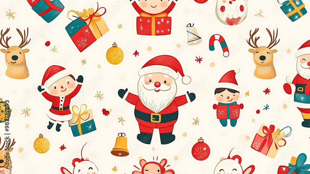 Naklejka premium A vibrant, seamless pattern featuring Santa Claus, boys and girls with gifts, set against a festive background