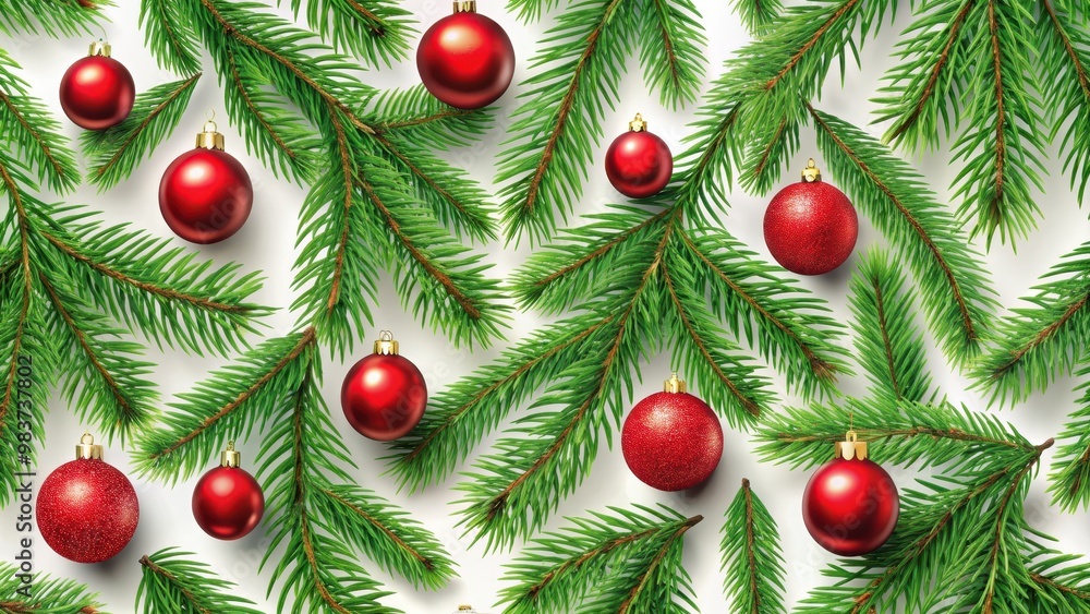 Seamless pattern of fir tree branches with red balls , Christmas, background, pine, tree, holiday, festive Seamless pattern of fir tree branches with red balls , Christmas, background, pine, tree, holiday, festive