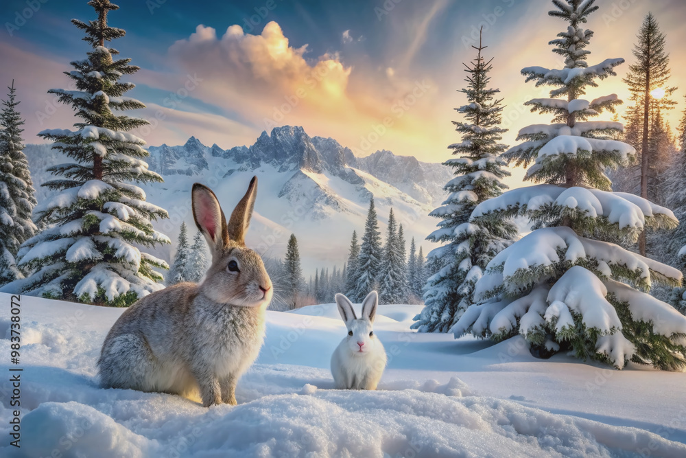 Arctic Snow Rabbit Snowy mountain landscape featuring a serene rabbit and arctic hare duo ...