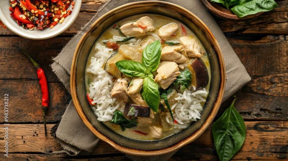 Bowl of Spicy Thai Green Curry with Tender Chicken, Eggplant, Bamboo Shoots, Basil, and Steamed Jasmine Rice Bowl of Spicy Thai Green Curry with Tender Chicken, Eggplant, Bamboo Shoots, Basil, and Steamed Jasmine Rice