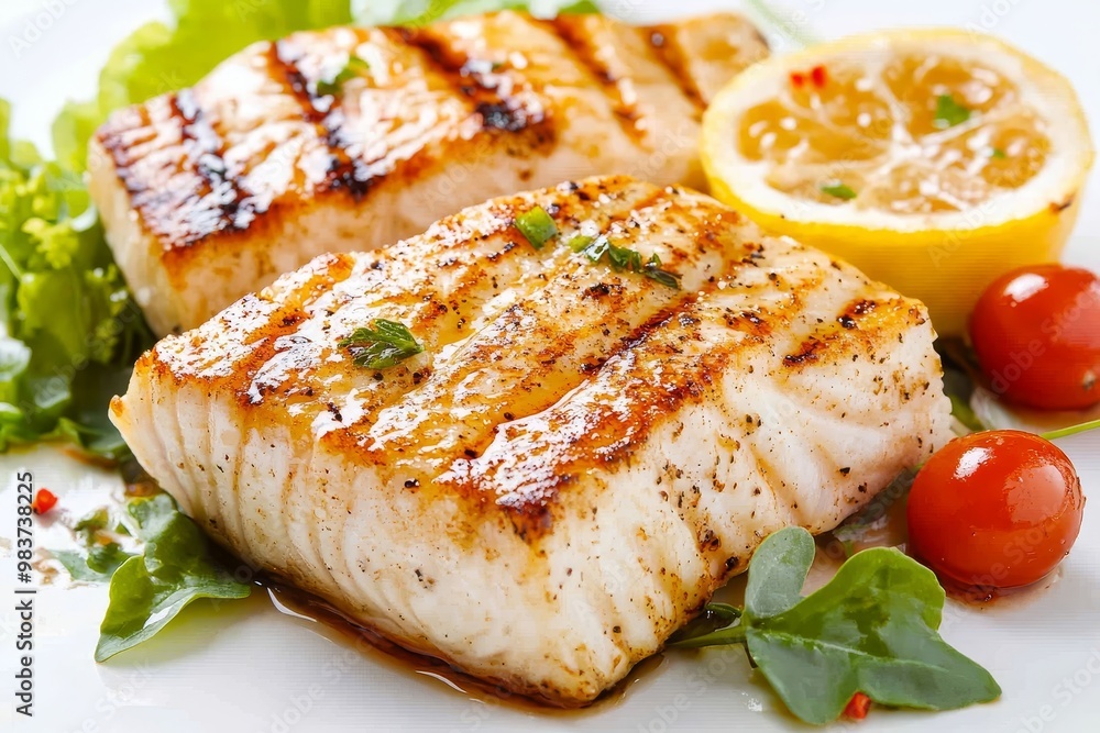 Grilled Mahi-Mahi is a delicious and healthy seafood dish. This photo shows two perfectly cooked fillets, served with fresh lemon and tomatoes. It's perfect for a light summer meal. Grilled Mahi-Mahi is a delicious and healthy seafood dish. This photo shows two perfectly cooked fillets, served with fresh lemon and tomatoes. It's perfect for a light summer meal.