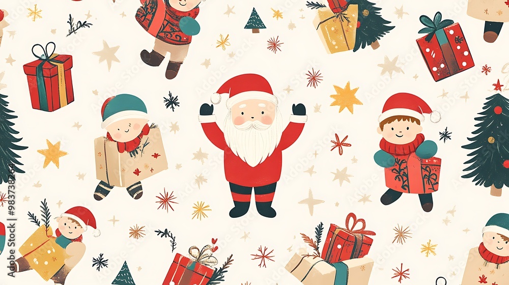 Fototapeta premium A vibrant, seamless pattern featuring Santa Claus, boys and girls with gifts, set against a festive background