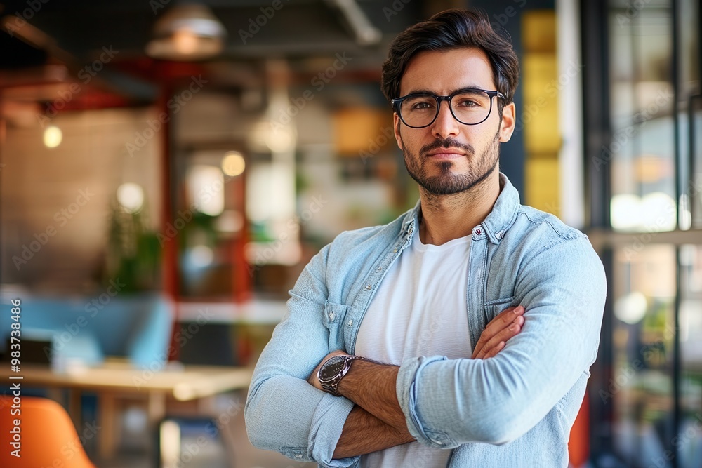 Confident man with glasses standing in a modern cafe, showcasing professionalism and style in a vibrant workspace. Confident man with glasses standing in a modern cafe, showcasing professionalism and style in a vibrant workspace.