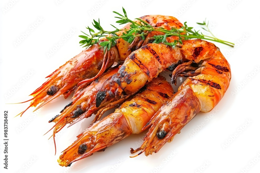 Grilled prawns with thyme, a delicious seafood dish perfect for any occasion. The prawns are cooked to perfection and have a beautiful char. The thyme adds a touch of flavor and freshness. This image Grilled prawns with thyme, a delicious seafood dish perfect for any occasion. The prawns are cooked to perfection and have a beautiful char. The thyme adds a touch of flavor and freshness. This image