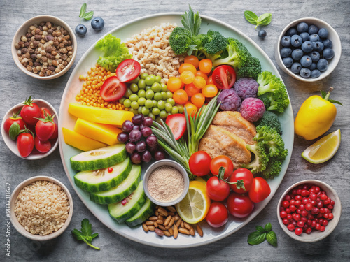 Vibrant infographic displaying a balanced meal plan for diabetes management, featuring a variety of healthy food plates with fruits, vegetables, whole grains, and lean proteins.