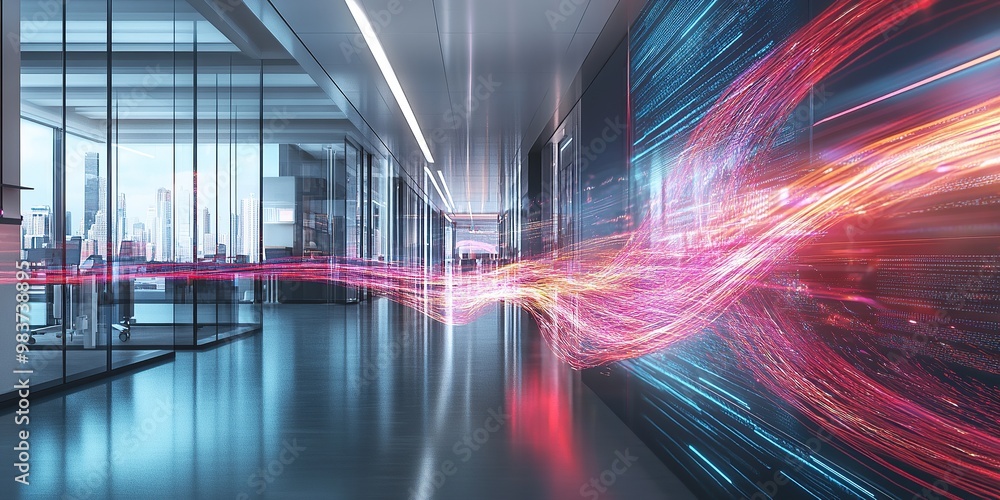 3D rendering of an advanced high-speed fiber optic network device with glowing waves and data 3D rendering of an advanced high-speed fiber optic network device with glowing waves and data