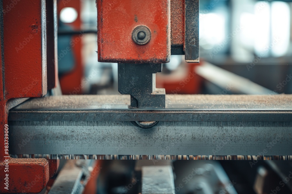 Industrial Band Saw Machinery Closeup showing the blade and tensioning mechanism. Industrial Band Saw Machinery Closeup showing the blade and tensioning mechanism.