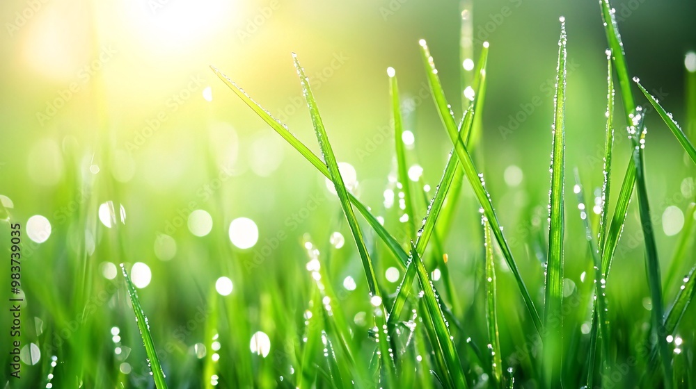 Fototapeta premium Dew drops glisten on blades of green grass in the morning sun.