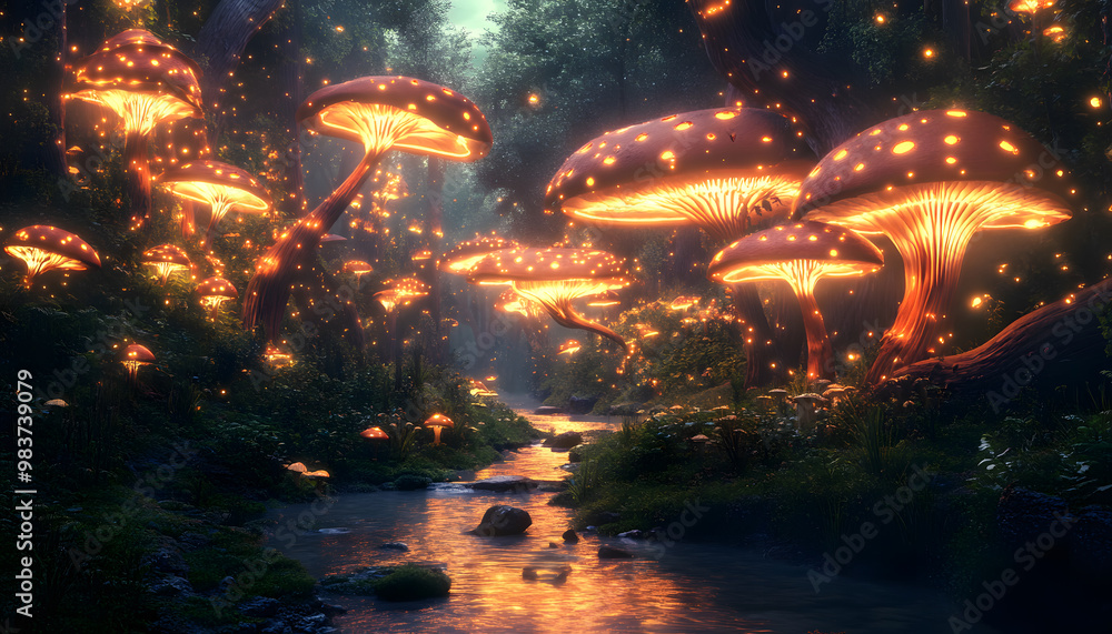 A mystical forest with glowing mushrooms, winding rivers, and floating islands, creating a magical and otherworldly feel A mystical forest with glowing mushrooms, winding rivers, and floating islands, creating a magical and otherworldly feel