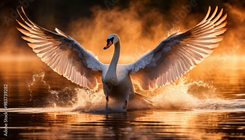 A stunning swan spreads its wings majestically on a serene lake during sunrise. The mist and warm golden light create a dramatic and ethereal atmosphere, highlighting the grace and beauty of the swan. photo