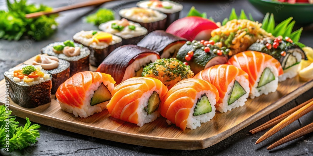 Close-up photo of a beautifully arranged serving of sushi, sashimi, and nigiri , sushi, sashimi, nigiri Close-up photo of a beautifully arranged serving of sushi, sashimi, and nigiri , sushi, sashimi, nigiri