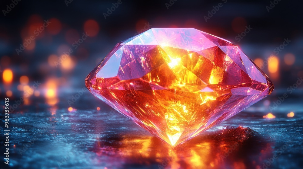 A glowing pink diamond resting on a reflective surface. A glowing pink diamond resting on a reflective surface.